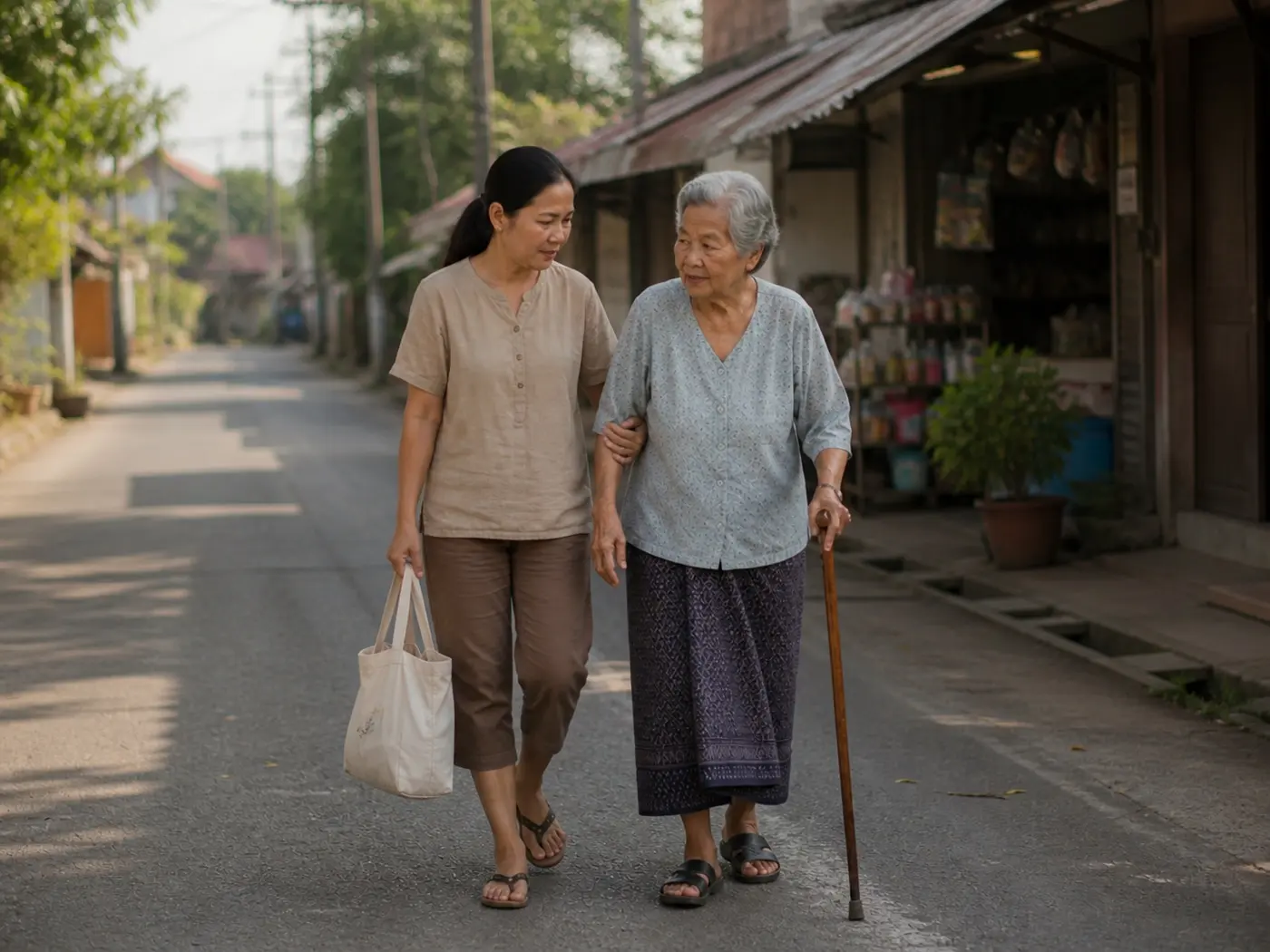 ผู้ดูแลร่วมทางช่วยถือของและเดินกลับบ้านกับผู้สูงอายุ